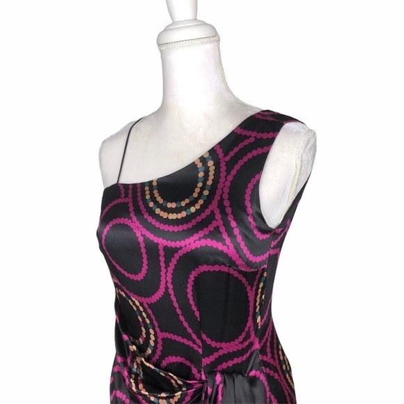 Trina Turk 100% silk one-shoulder black purple dress LBD fringe faux wrap 4 - Picture 3 of 13